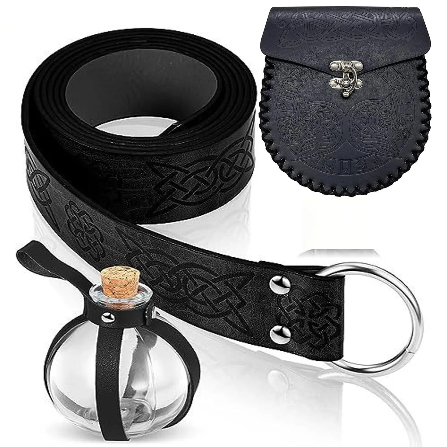 3pcs Medieval Viking Knight Leather Belt Unisex Embossed Waist Belt/Pouch/Cork Potion Set for Cosplay and Events, Halloween Chr