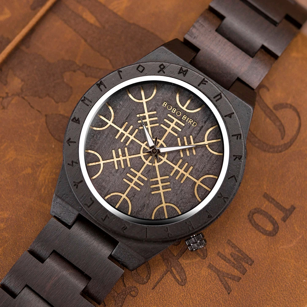 BOBO BIRD Viking Wooden Watches Top Japanese Quartz Movement Wristwatch Unique Men Watch with Helm of Awe Runic Circle Gift Box