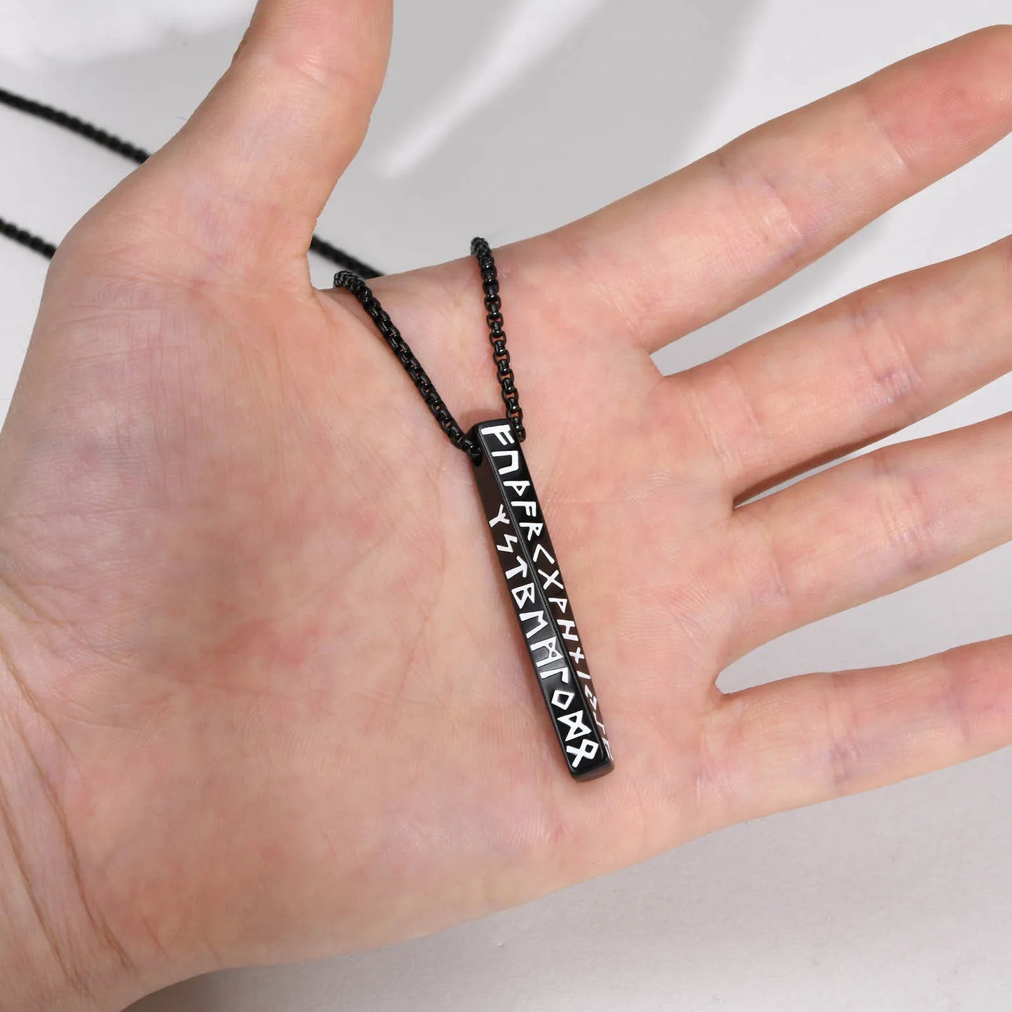 Vintage Nordic Viking Symbol Rune Vertical Twisted Bar Pendant Necklace for Men Stainless Steel Jewelry