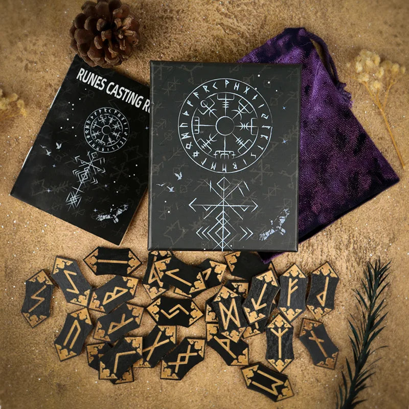 Wooden Rune Stone Set 25pcs Viking Norse Divination Kit with Guide Book Velvet Bag Spiritual Runes Beginners Meditation Ritual