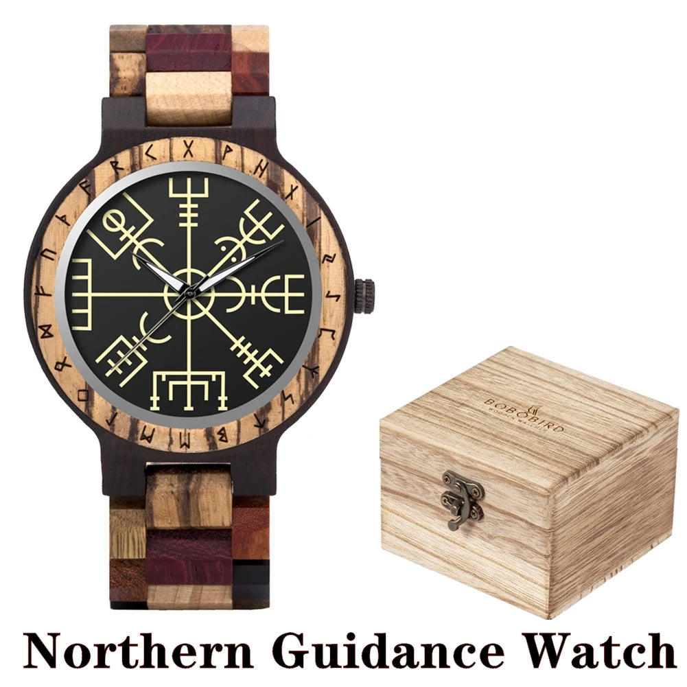 BOBO BIRD Viking Wooden Watches Top Japanese Quartz Movement Wristwatch Unique Men Watch with Helm of Awe Runic Circle Gift Box