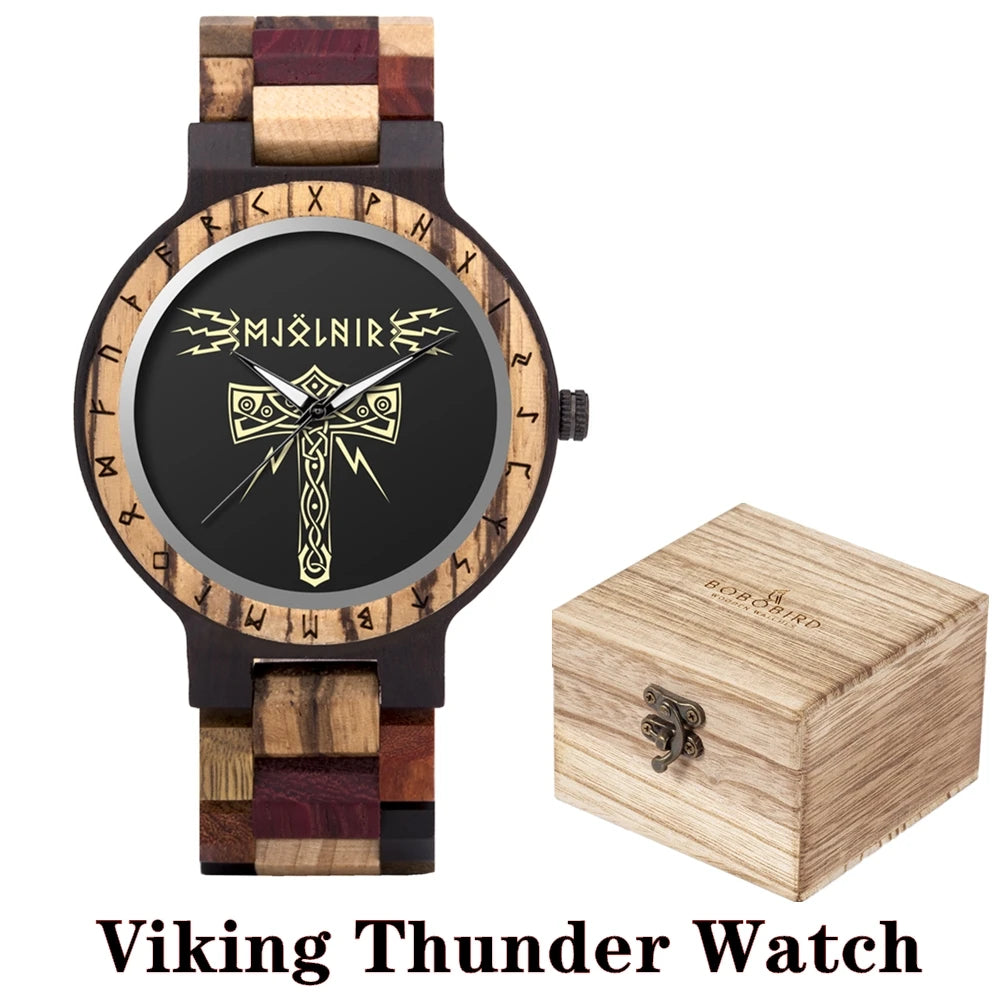 BOBO BIRD Viking Wooden Watches Top Japanese Quartz Movement Wristwatch Unique Men Watch with Helm of Awe Runic Circle Gift Box