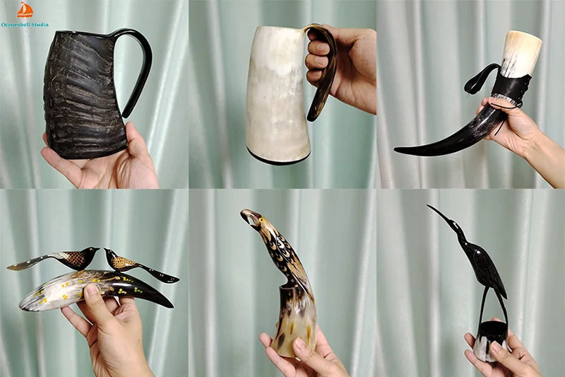 Viking Drinking Horn Mugs 380ml | Handmade Real OX Horn Cups for Ale Wine Beer Chalice Norse Tankard Vikings Style Gift for Men