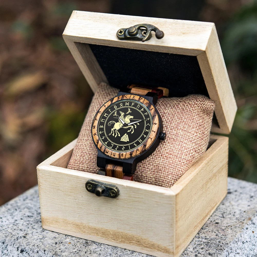 BOBO BIRD Viking Wooden Watches Top Japanese Quartz Movement Wristwatch Unique Men Watch with Helm of Awe Runic Circle Gift Box
