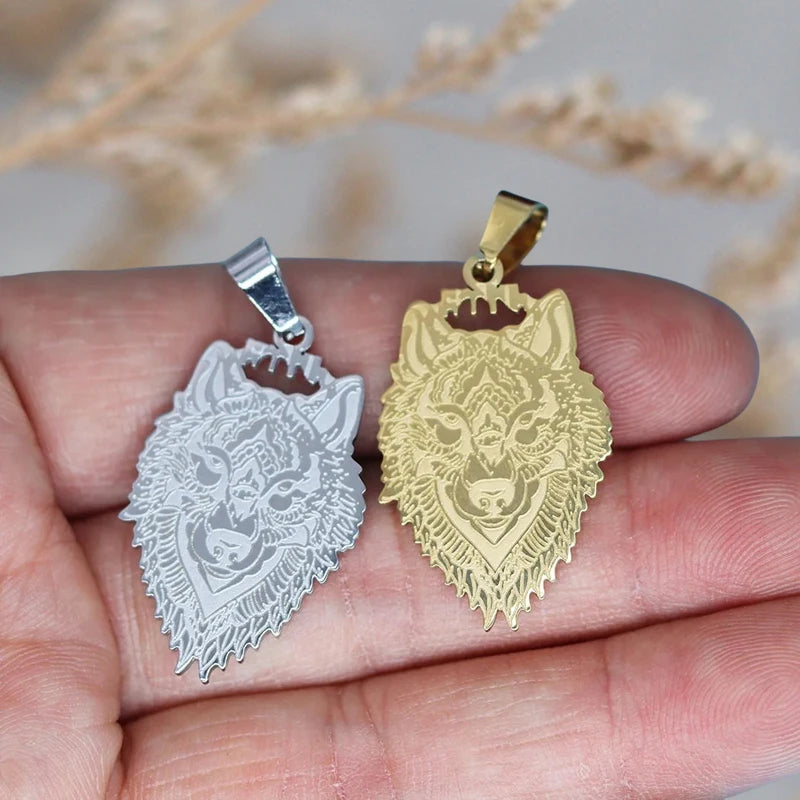 2Pcs/lot Viking Wolf Head Rune For Necklace Bracelets Jewelry Crafts Making Findings Handmade Stainless Steel Charm