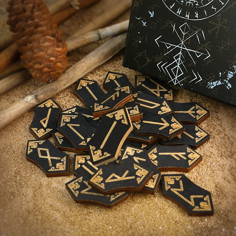 Wooden Rune Stone Set 25pcs Viking Norse Divination Kit with Guide Book Velvet Bag Spiritual Runes Beginners Meditation Ritual