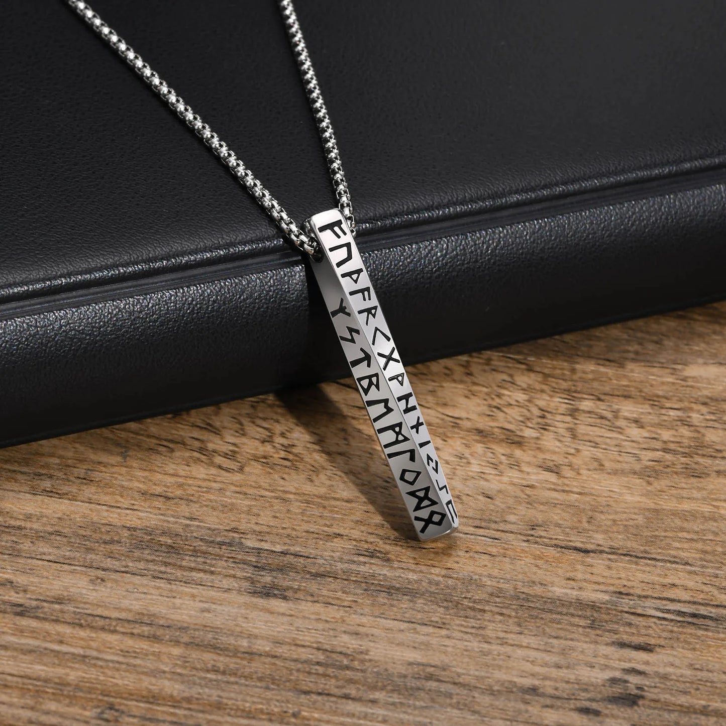 Vintage Nordic Viking Symbol Rune Vertical Twisted Bar Pendant Necklace for Men Stainless Steel Jewelry