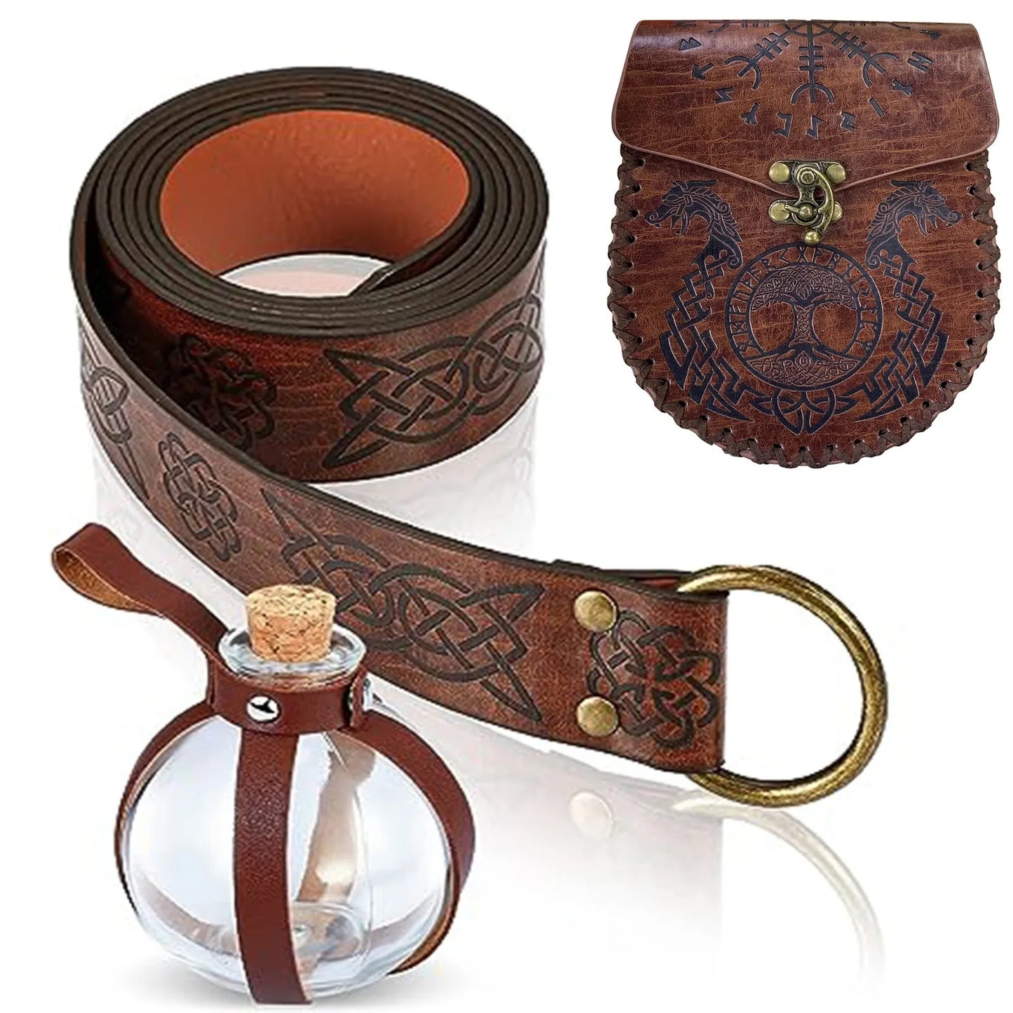 3pcs Medieval Viking Knight Leather Belt Unisex Embossed Waist Belt/Pouch/Cork Potion Set for Cosplay and Events, Halloween Chr