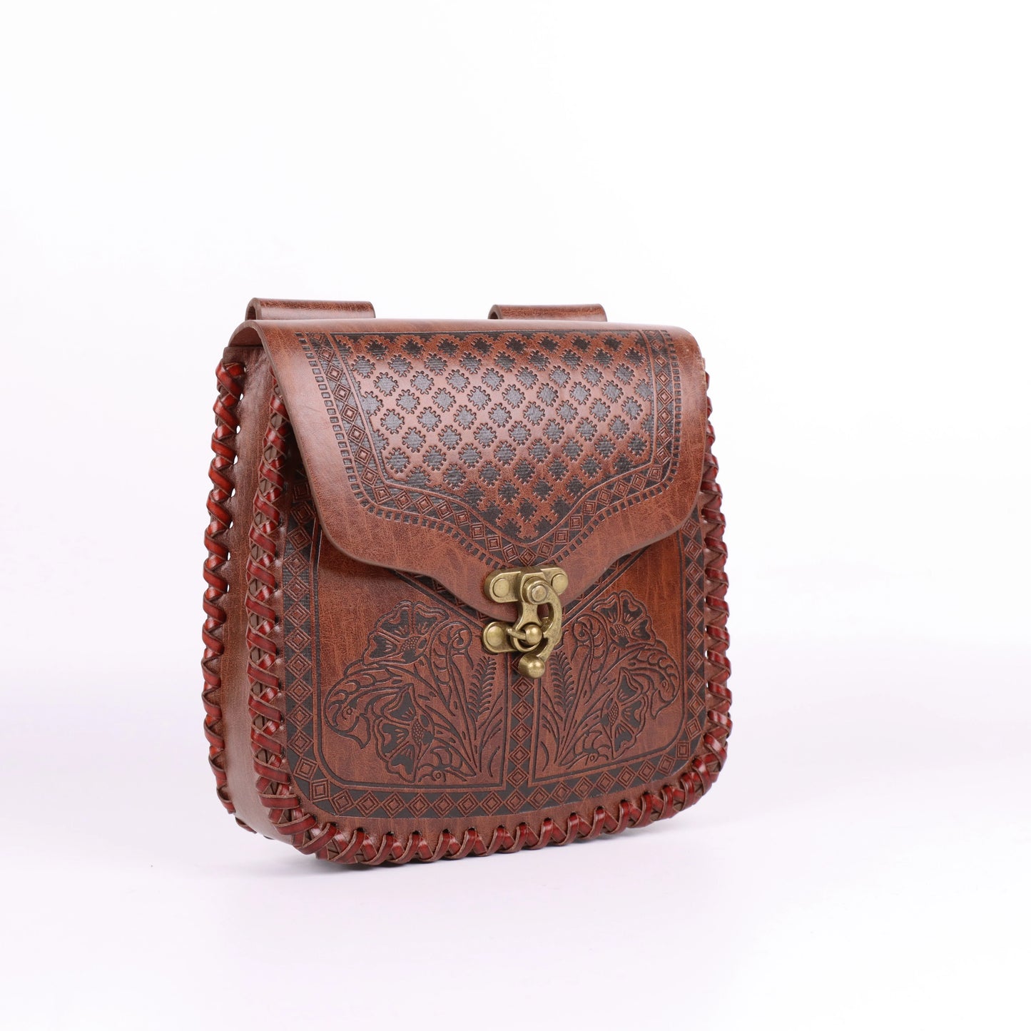 Viking Waist Bag with Intricate Floral Pattern & Braided Strap - Medieval Style, Snap Closure Perfect for Outdoor Adventures