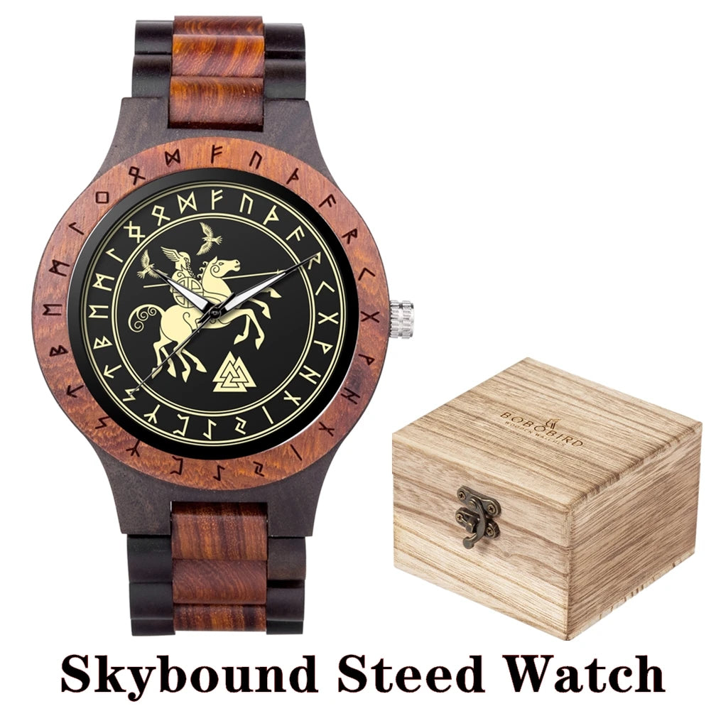 BOBO BIRD Viking Wooden Watches Top Japanese Quartz Movement Wristwatch Unique Men Watch with Helm of Awe Runic Circle Gift Box