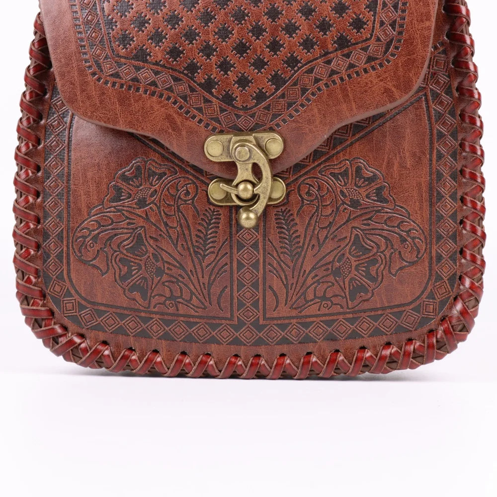 Viking Waist Bag with Intricate Floral Pattern & Braided Strap - Medieval Style, Snap Closure Perfect for Outdoor Adventures
