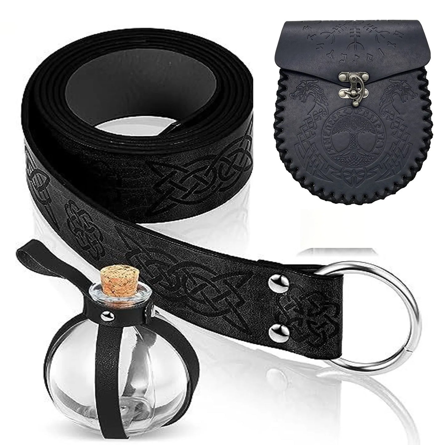 3pcs Medieval Viking Knight Leather Belt Unisex Embossed Waist Belt/Pouch/Cork Potion Set for Cosplay and Events, Halloween Chr