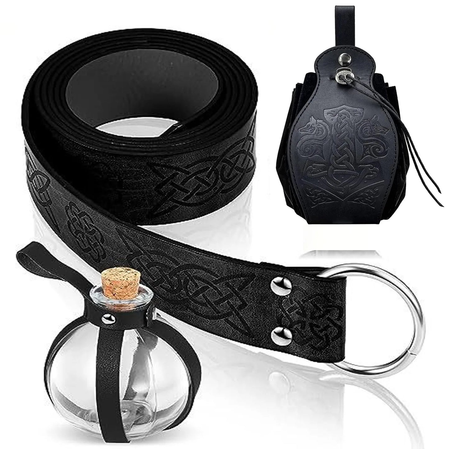 3pcs Medieval Viking Knight Leather Belt Unisex Embossed Waist Belt/Pouch/Cork Potion Set for Cosplay and Events, Halloween Chr