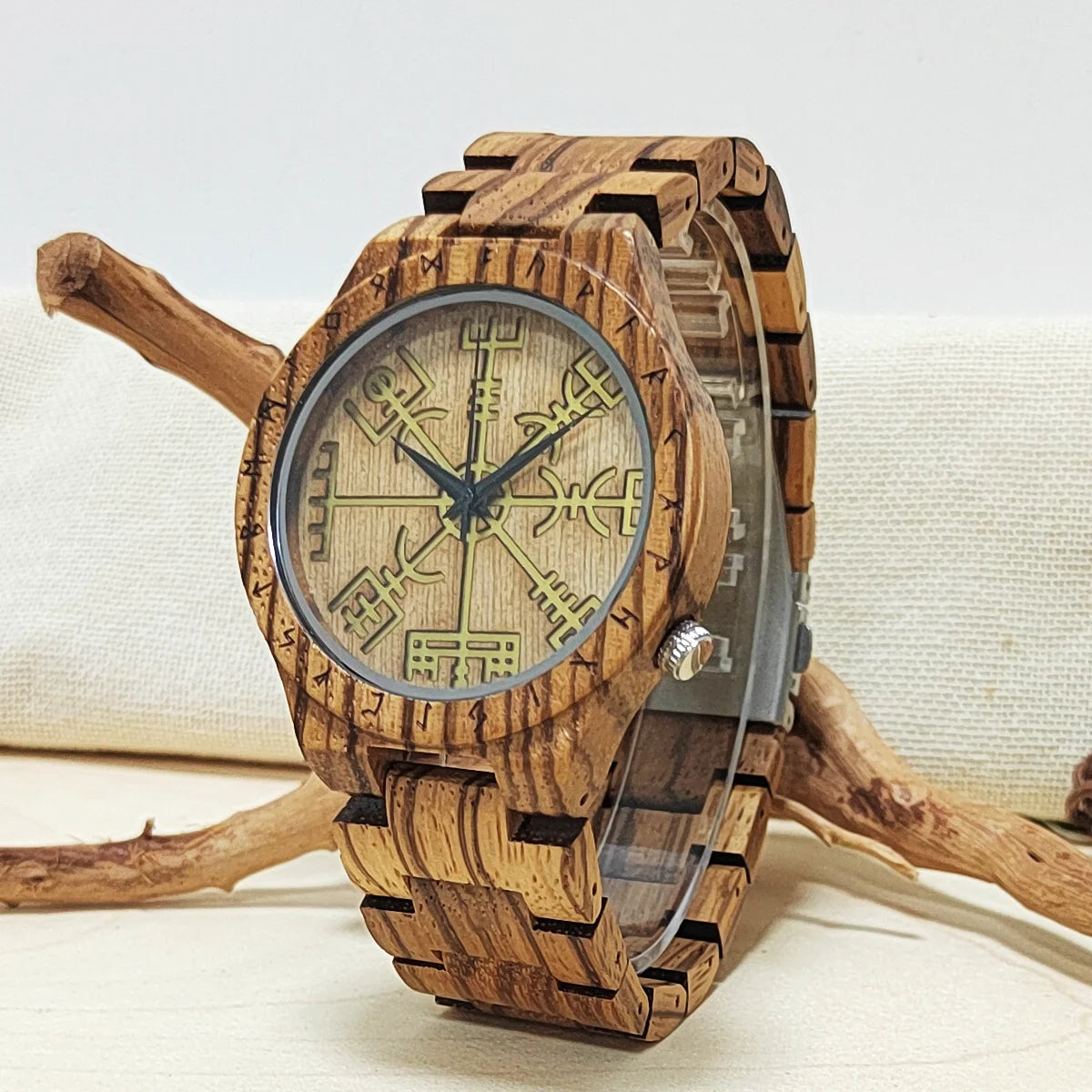 Men's Wooden Wrist Watches Viking Symbol Element Clock Personalized Anniversary Gift for Husband Man Wood Quartz Wristwatches