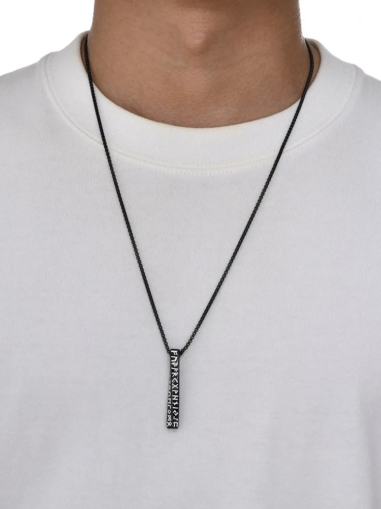 Vintage Nordic Viking Symbol Rune Vertical Twisted Bar Pendant Necklace for Men Stainless Steel Jewelry