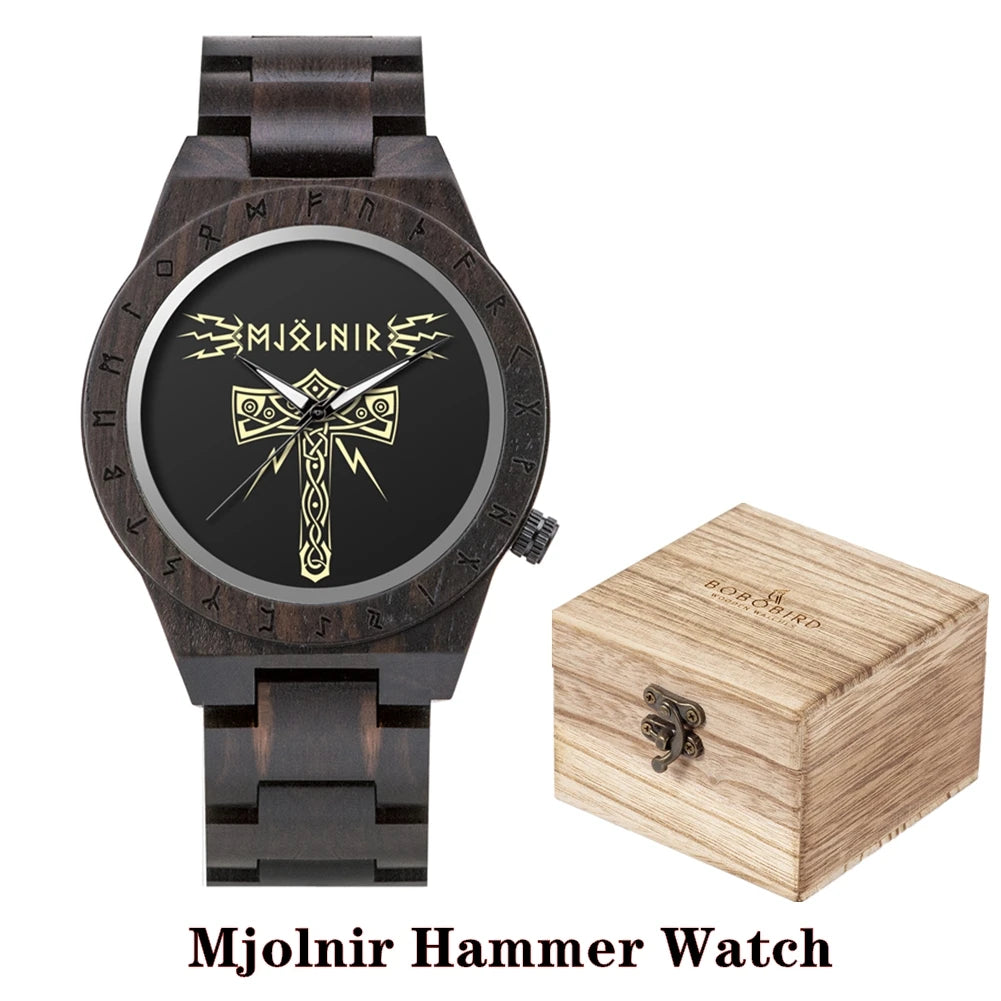 BOBO BIRD Viking Wooden Watches Top Japanese Quartz Movement Wristwatch Unique Men Watch with Helm of Awe Runic Circle Gift Box