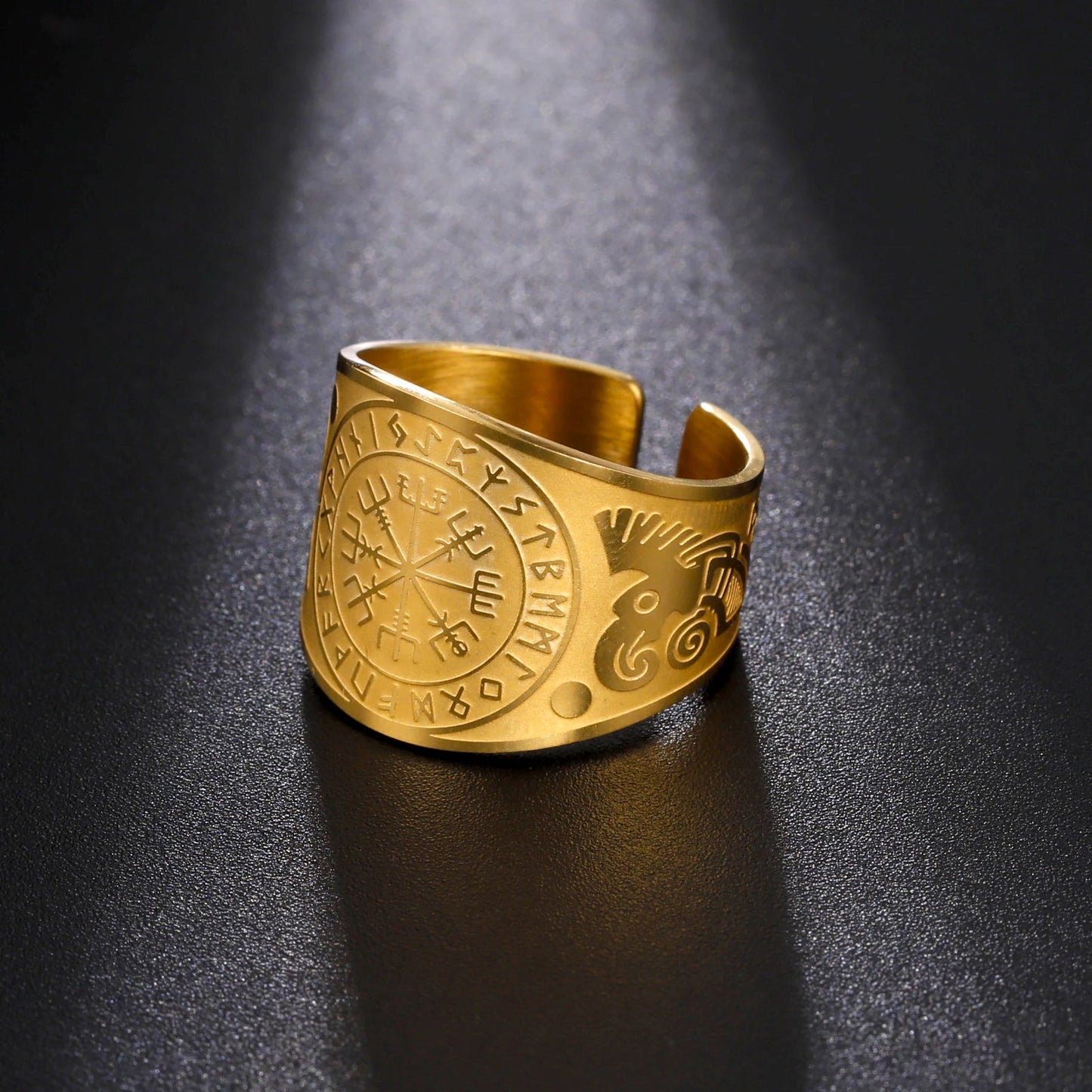 LIKGREAT Viking Compass Vegvisir Ring Helm of Awe Nordic Rune Scandinavian Amulet Stainless Steel Jewelry New Year Gift