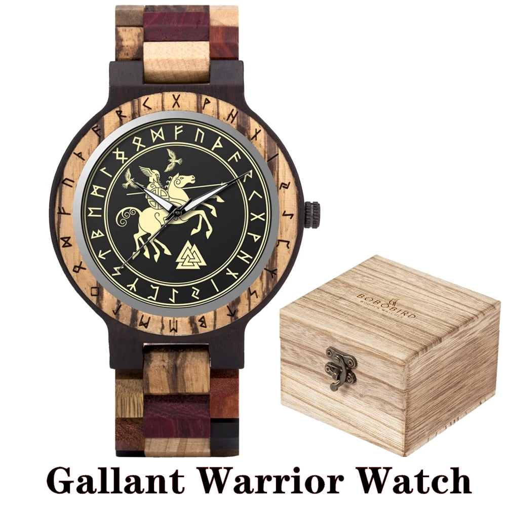 BOBO BIRD Viking Wooden Watches Top Japanese Quartz Movement Wristwatch Unique Men Watch with Helm of Awe Runic Circle Gift Box