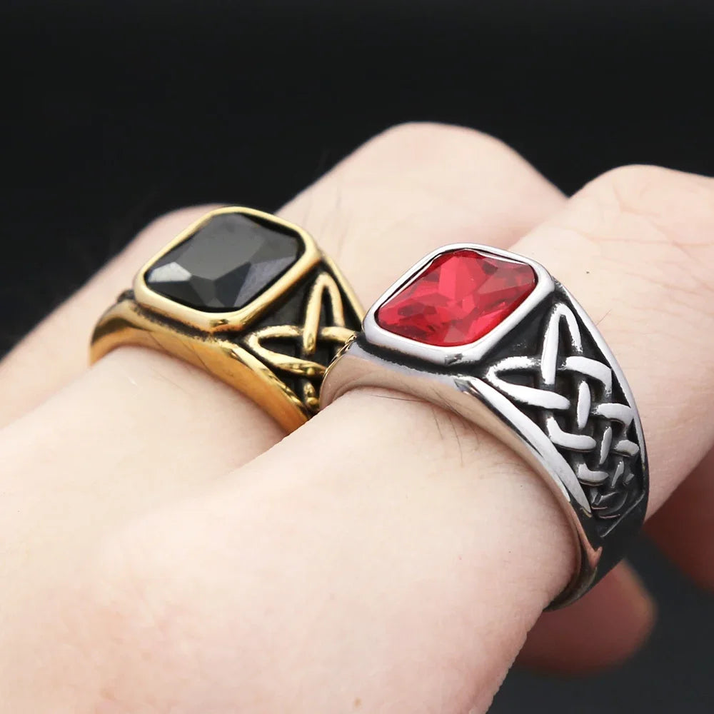 Fashion Vintage Nordic Vikings Knot Rune Rings For Men Women Stainless Steel Square Red Stone Ring Party Jewelry Gifts Wholesale