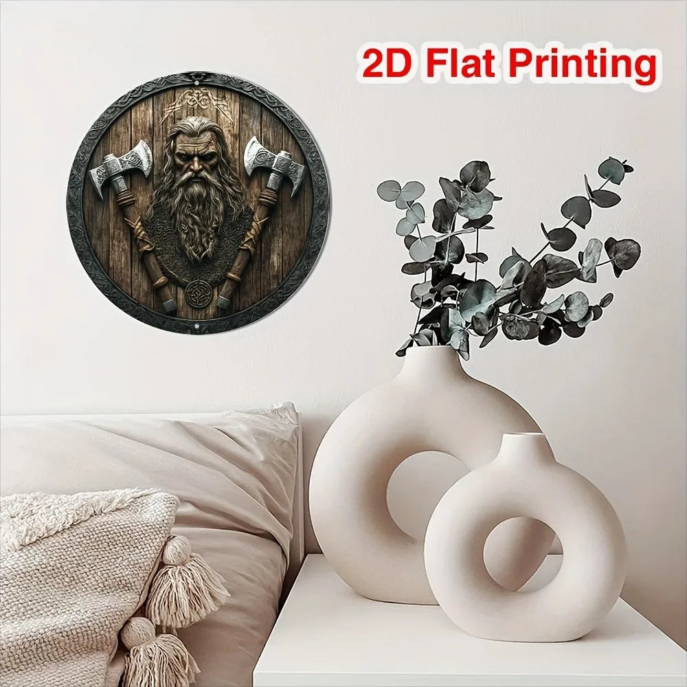 Viking Shield Aluminum Wall Art - 8x8" Round 2D Flat, Axe Design Nordic Decor for Home Office, Halloween Gift