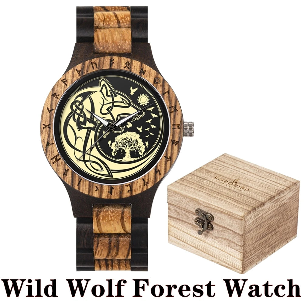 BOBO BIRD Viking Wooden Watches Top Japanese Quartz Movement Wristwatch Unique Men Watch with Helm of Awe Runic Circle Gift Box