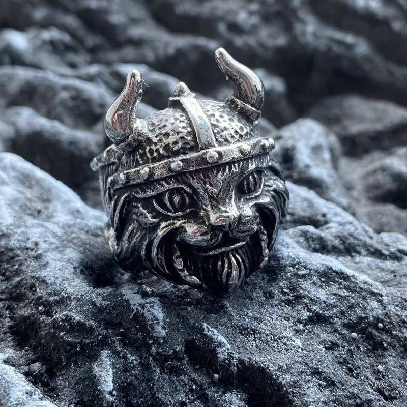Retro Vikings Cat Ring For Men Silver Color Punk Gothic Adjustable Open Ring Creative Jewelry Unisex Accessories Kitten Gift