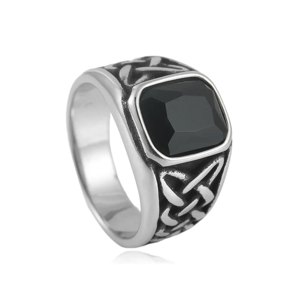 Fashion Vintage Nordic Vikings Knot Rune Rings For Men Women Stainless Steel Square Red Stone Ring Party Jewelry Gifts Wholesale