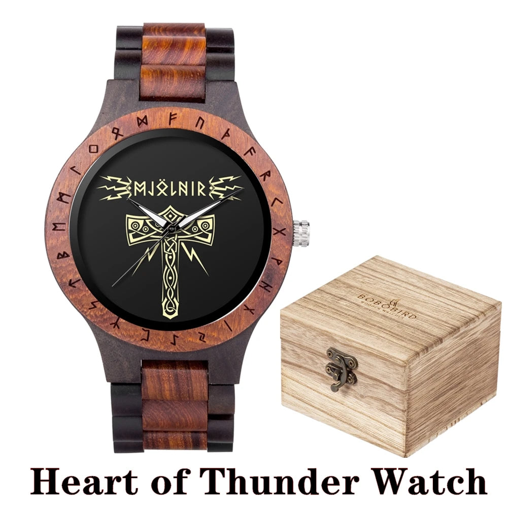 BOBO BIRD Viking Wooden Watches Top Japanese Quartz Movement Wristwatch Unique Men Watch with Helm of Awe Runic Circle Gift Box