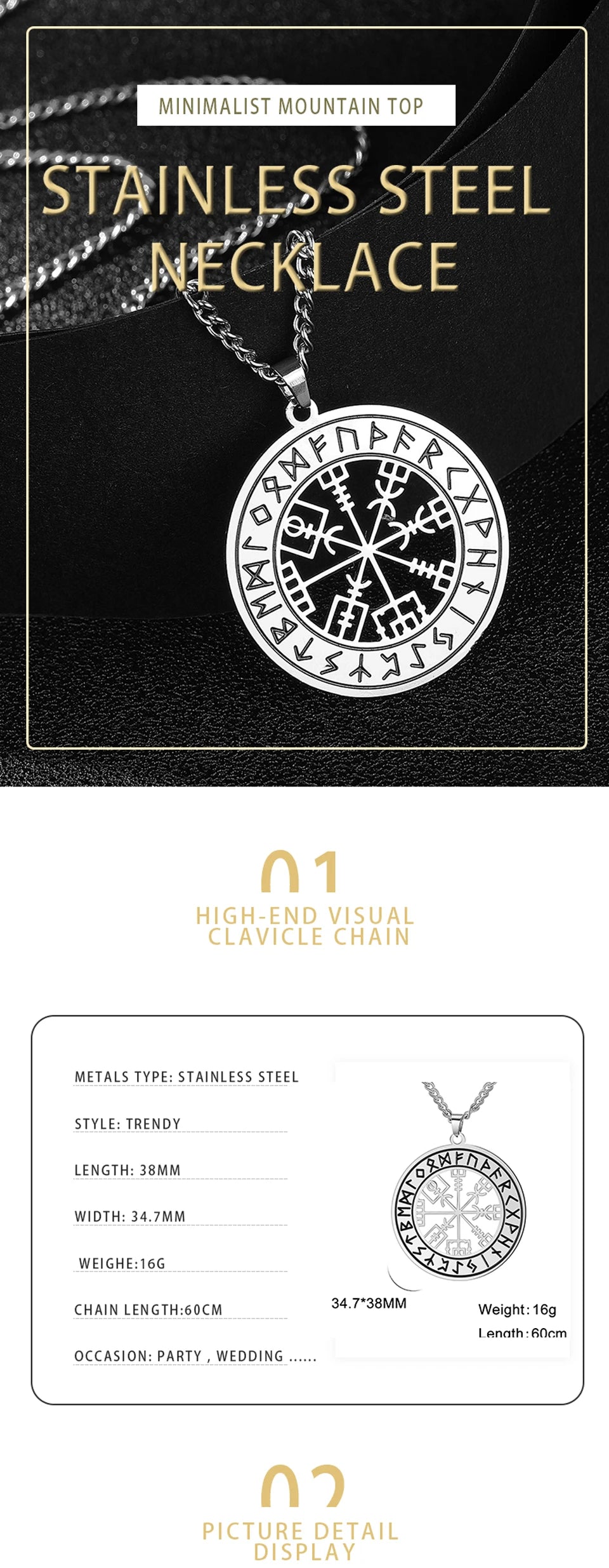 Viking Nordic 24 Rune Compass Pendant Necklace Stainless Steel Trinity Triquetra Hollow Witch Knot Symbol Amulet Jewelry Gift