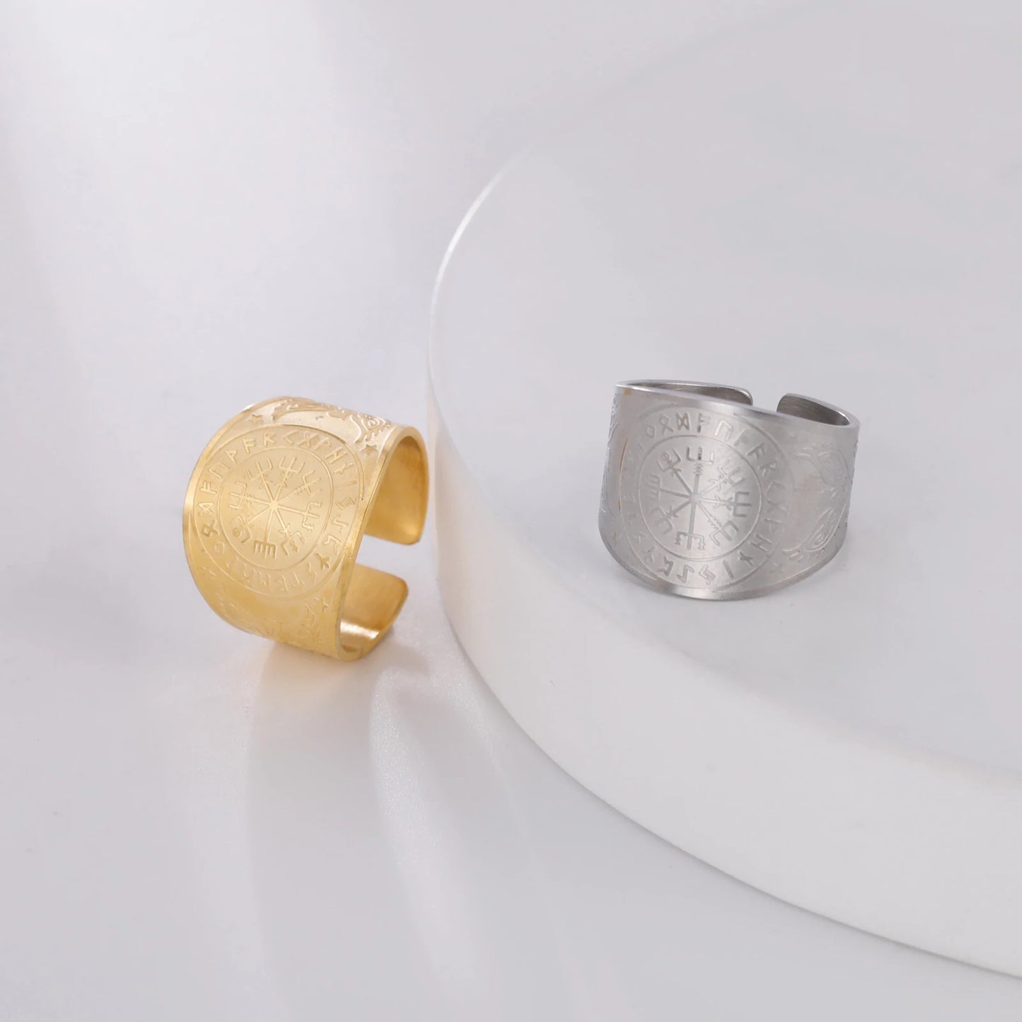 LIKGREAT Viking Compass Vegvisir Ring Helm of Awe Nordic Rune Scandinavian Amulet Stainless Steel Jewelry New Year Gift