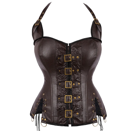 Steampunk Halterneck Overbust Corset Corselet Black Brown Basques Faux Leather Bustier Top