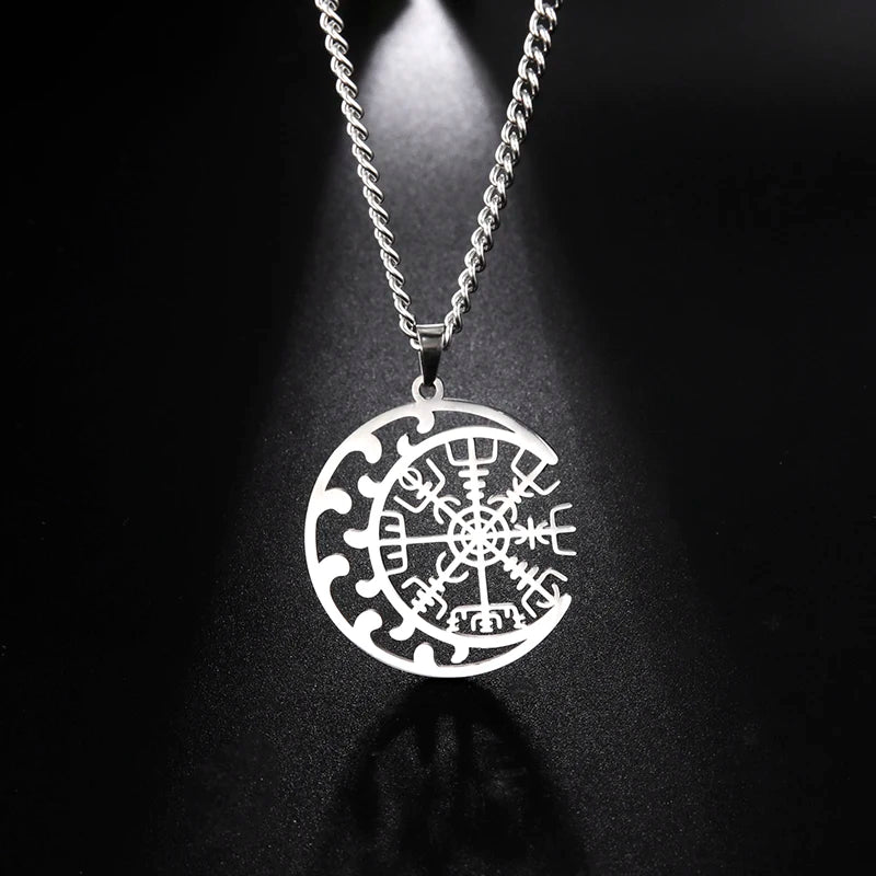 Viking Nordic 24 Rune Compass Pendant Necklace Stainless Steel Trinity Triquetra Hollow Witch Knot Symbol Amulet Jewelry Gift