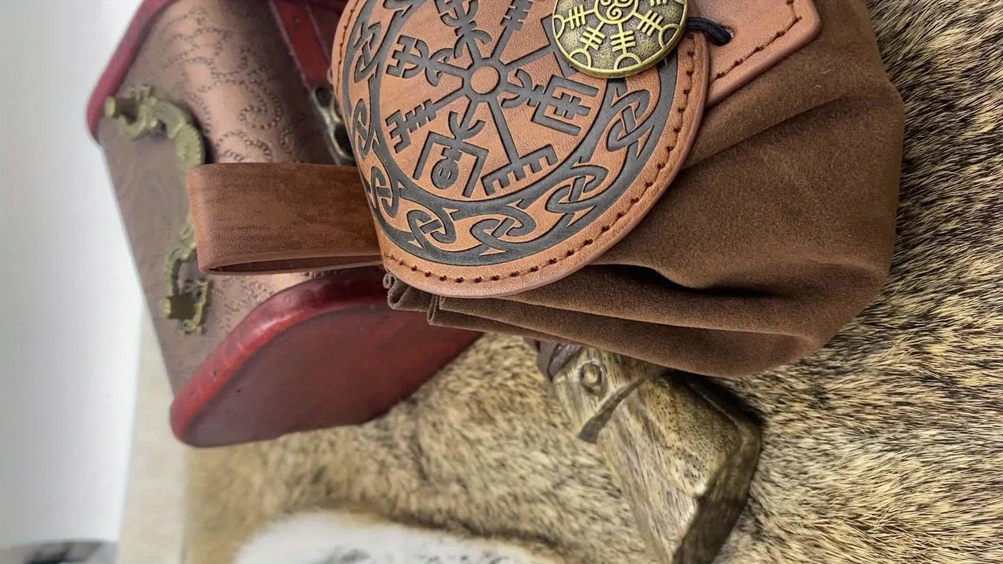 1pc Medieval Embossed Faux Leather Belt Waist Bag, Viking Portable Fanny Pack
