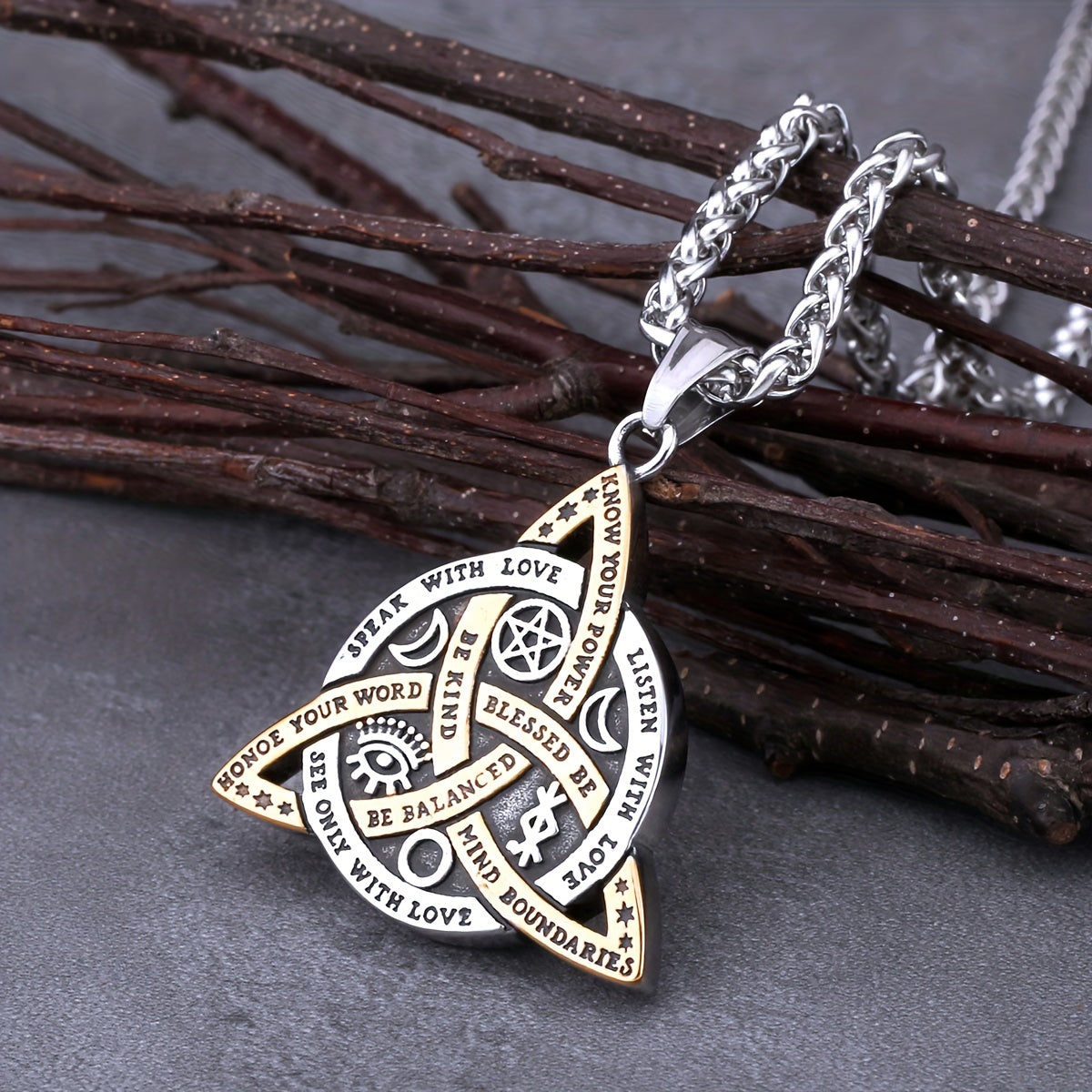 1pc Norse Viking Odin Trinity Pendant Necklace - Vintage Stainless Steel Amulet Jewelry for Men with Wooden Box