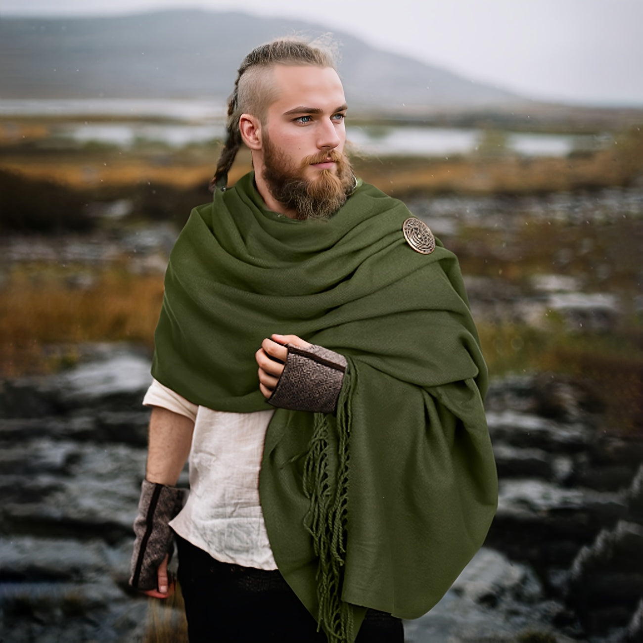 L'VOW Authentic Red Medieval Half Shoulder Cape with Viking Brooch - Durable Polyester, Fringe Detail, Perfect for Men & Women Halloween Cosplay & Renaissance Fairs, Halloween Costumes