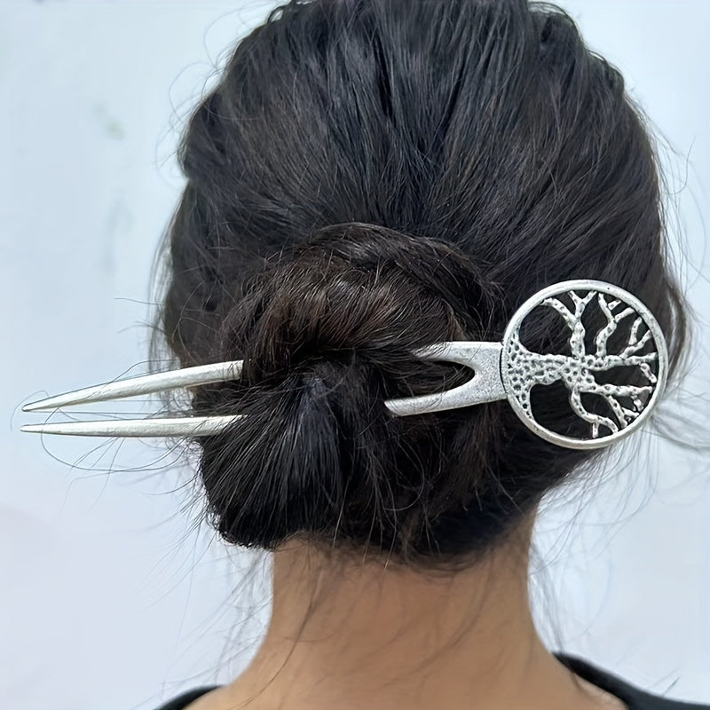 1pc Vintage Viking Style Hairpin Tree Of Life Hairpin Celtic Knot Crescent Moon Silvery Hair Stick Hair Accessories For Women
