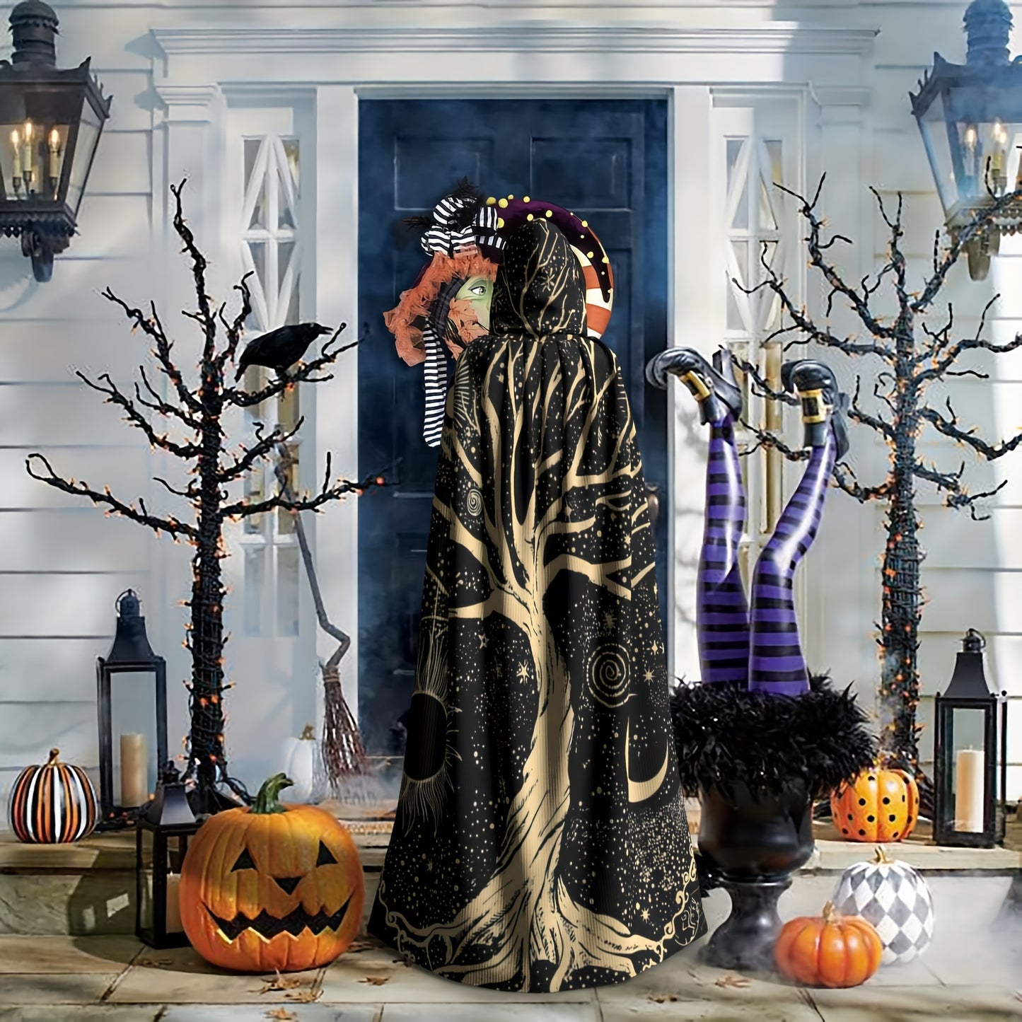 1pc, Nordic Style Viking Goddess Tenacious Life Tree Sun And Moon Black And White Star, Hooded Robe Cloak Shawl Cosplay For Adult Men Women, Party Favors Supplies Dresses Clothes Gifts, 58*60inch