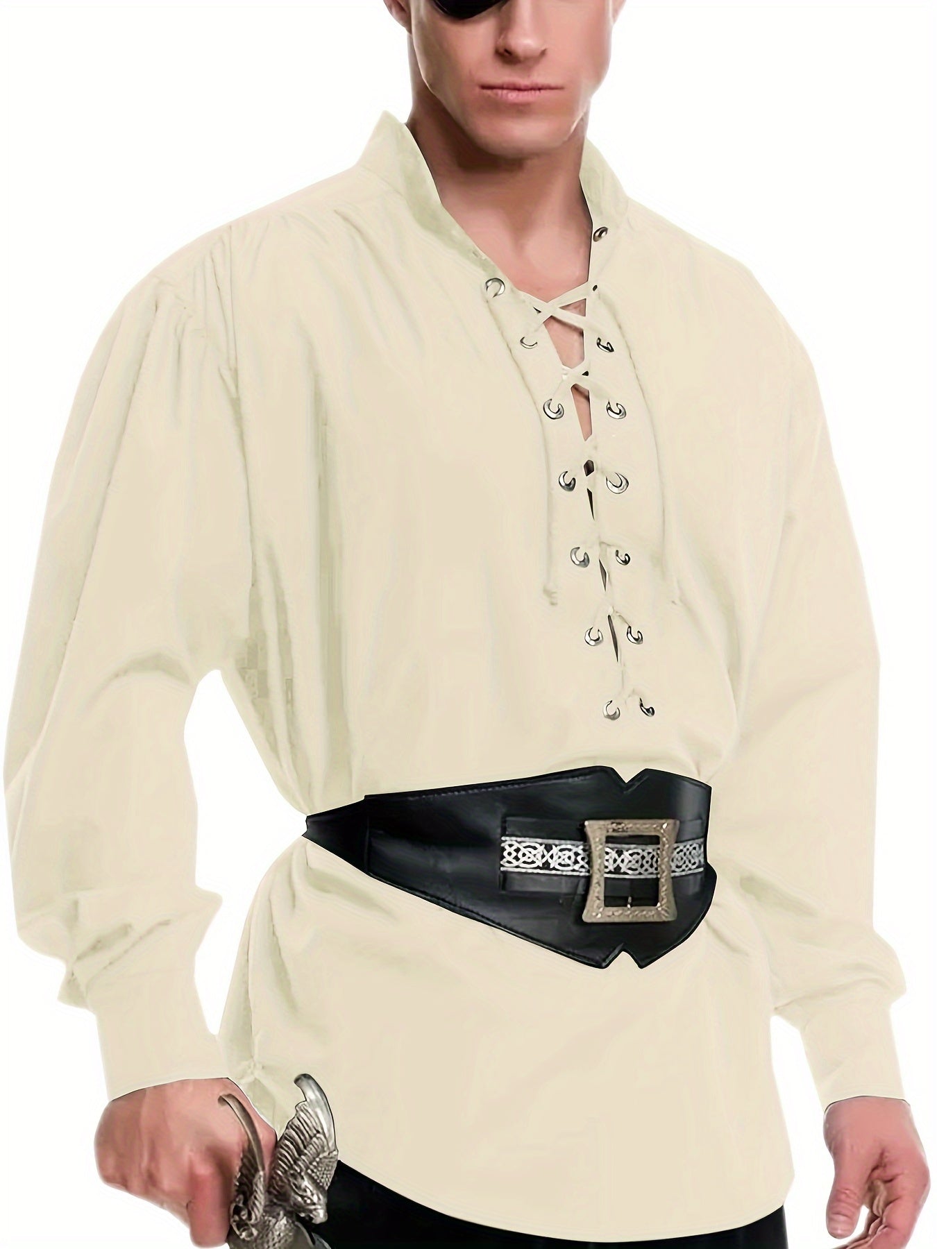 Plus Size Men's Medieval Pirate Shirt, Vintage Style Viking Renaissance Steampunk Halloween Scottish Lace Up Costume Top