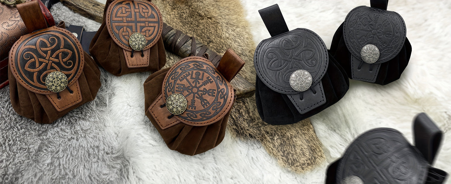 1pc Medieval Embossed Faux Leather Belt Waist Bag, Viking Portable Fanny Pack