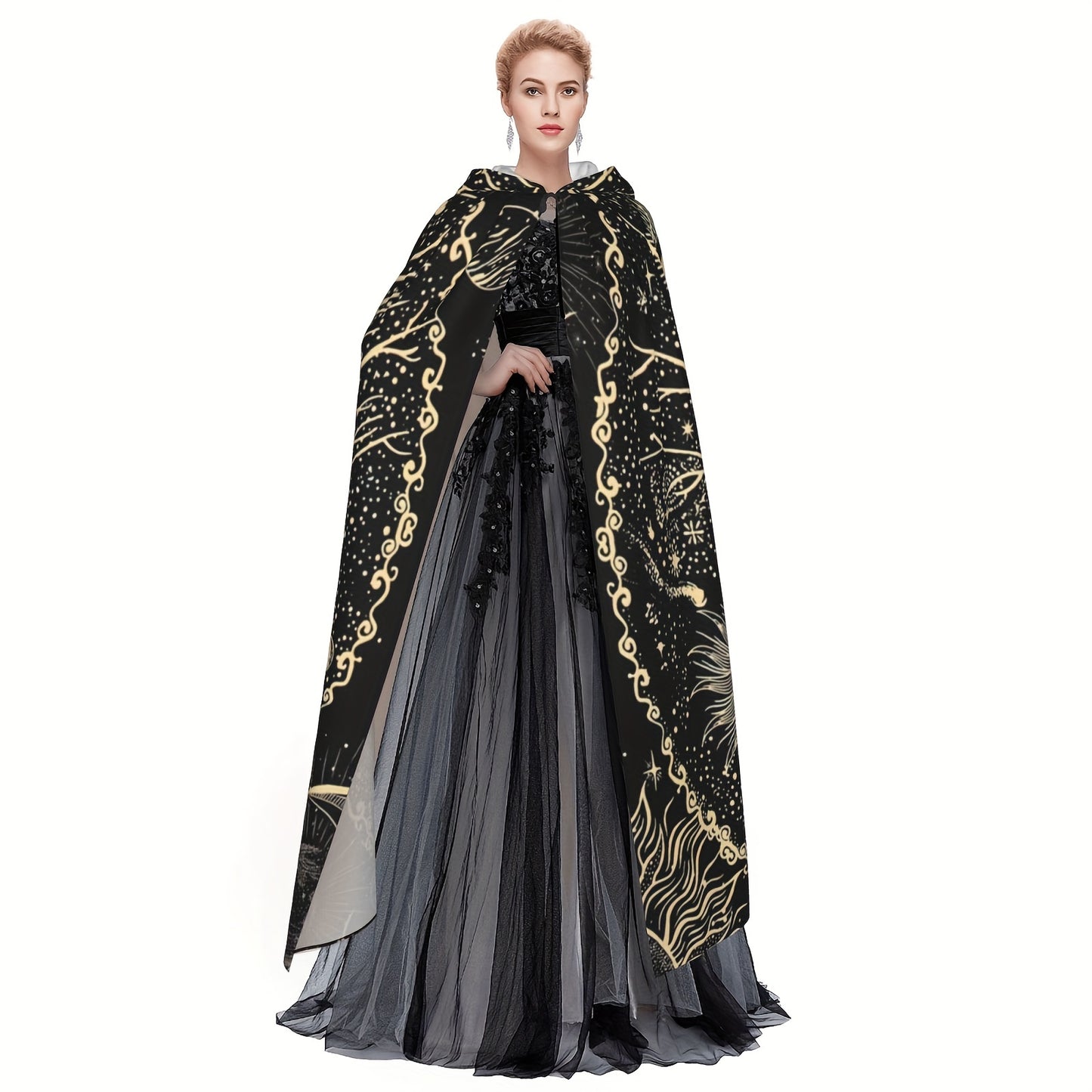1pc, Nordic Style Viking Goddess Tenacious Life Tree Sun And Moon Black And White Star, Hooded Robe Cloak Shawl Cosplay For Adult Men Women, Party Favors Supplies Dresses Clothes Gifts, 58*60inch