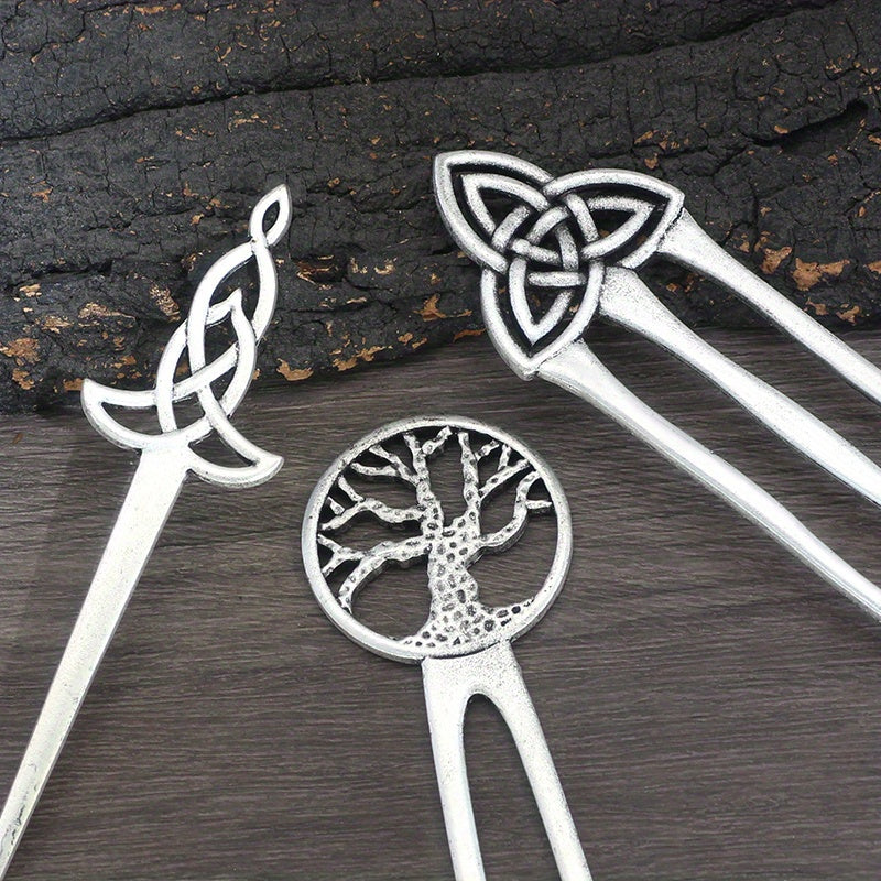 1pc Vintage Viking Style Hairpin Tree Of Life Hairpin Celtic Knot Crescent Moon Silvery Hair Stick Hair Accessories For Women
