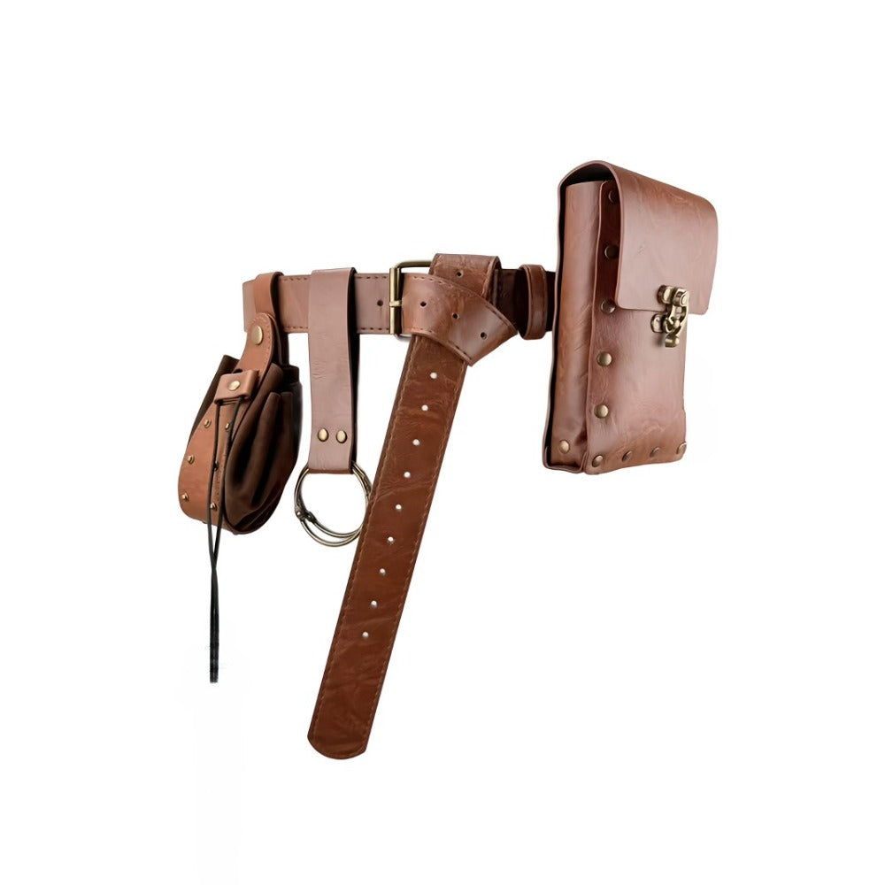 Medieval Viking Knight PU Leather Belt-Fedora Style Waist Bag - Adjustable Buckle Strap, Buckles & Buckler-Like Plate - Renaissance Faire, Viking Cosplay, Historical Costume Accessory (Unisex) - Durable PU Leather (Not Plate,