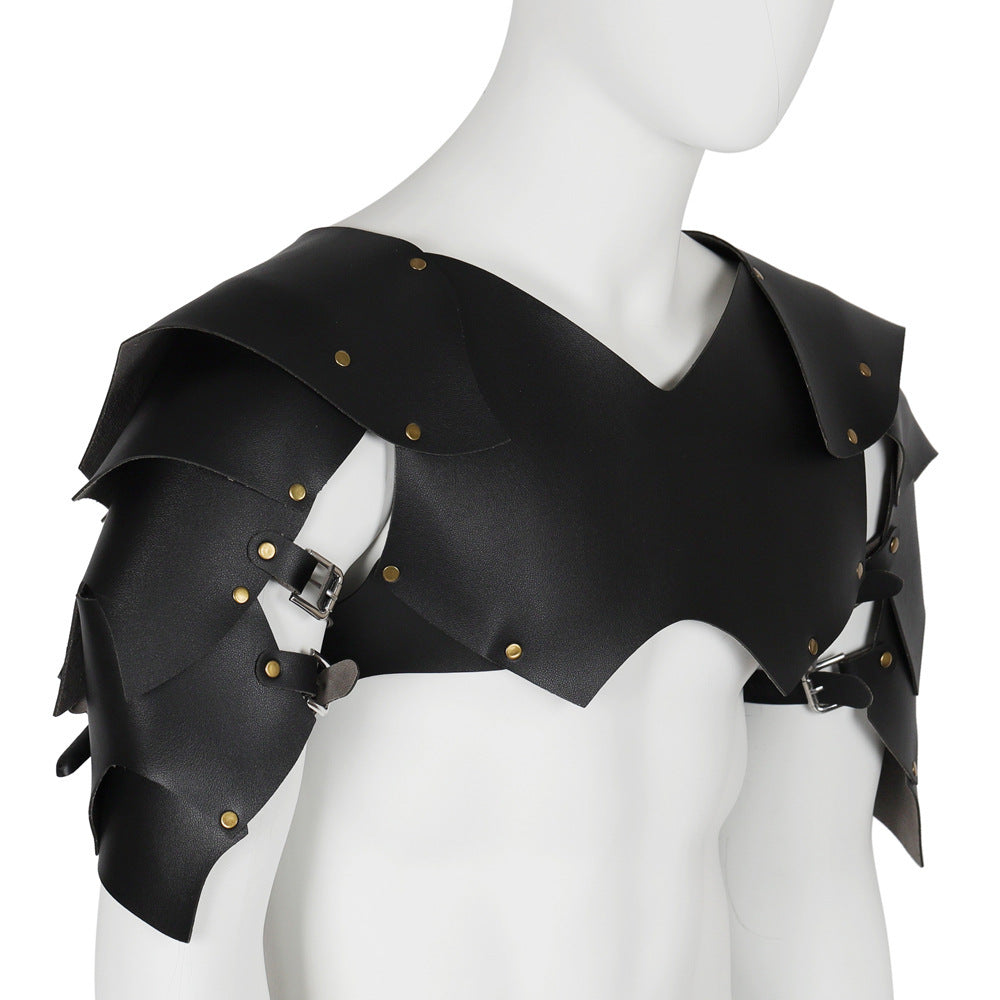 Medieval Viking Knight & Roman Legion Gladiator PU Leather Pauldrons - Funky Style Shoulder Armor Breastplate with Golden Rivets, LARP Cosplay Costume Accessory for Historical Reenactment Props