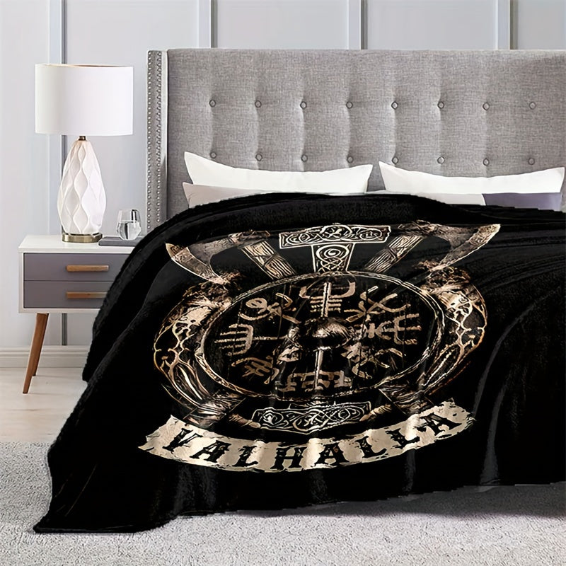 1pc Flanged Blanket, Retro Viking Logo Printing Blanket, Comfortable And Comfortable Blanket, For Camping Sofa Bed And Couch Office, Suitable For Gift Blankets In All Seasons