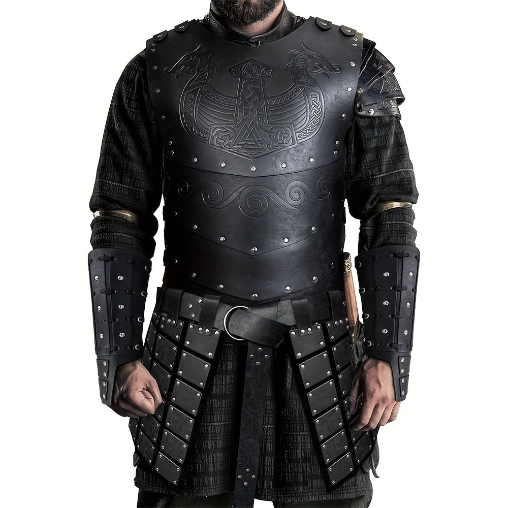 Viking-Inspired Embossed Armor Set with Medieval Thigh Helmet & Rivet Guard - Glamorous Faux Leather Costume for Halloween