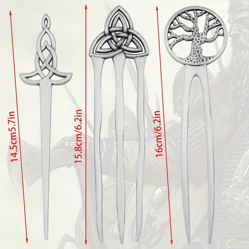 1pc Vintage Viking Style Hairpin Tree Of Life Hairpin Celtic Knot Crescent Moon Silvery Hair Stick Hair Accessories For Women