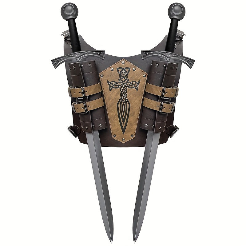Medieval Viking-Inspired PU Leather Sword Sheath - Adjustable Renaissance Knight & Mercenary Dual Back Scabbard for Halloween, LARP, and Stage Costumes