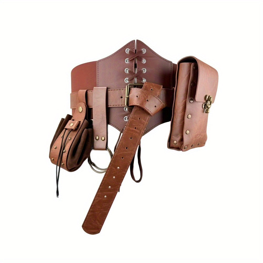 Medieval Viking Knight PU Leather Belt-Fedora Style Waist Bag - Adjustable Buckle Strap, Buckles & Buckler-Like Plate - Renaissance Faire, Viking Cosplay, Historical Costume Accessory (Unisex) - Durable PU Leather (Not Plate,