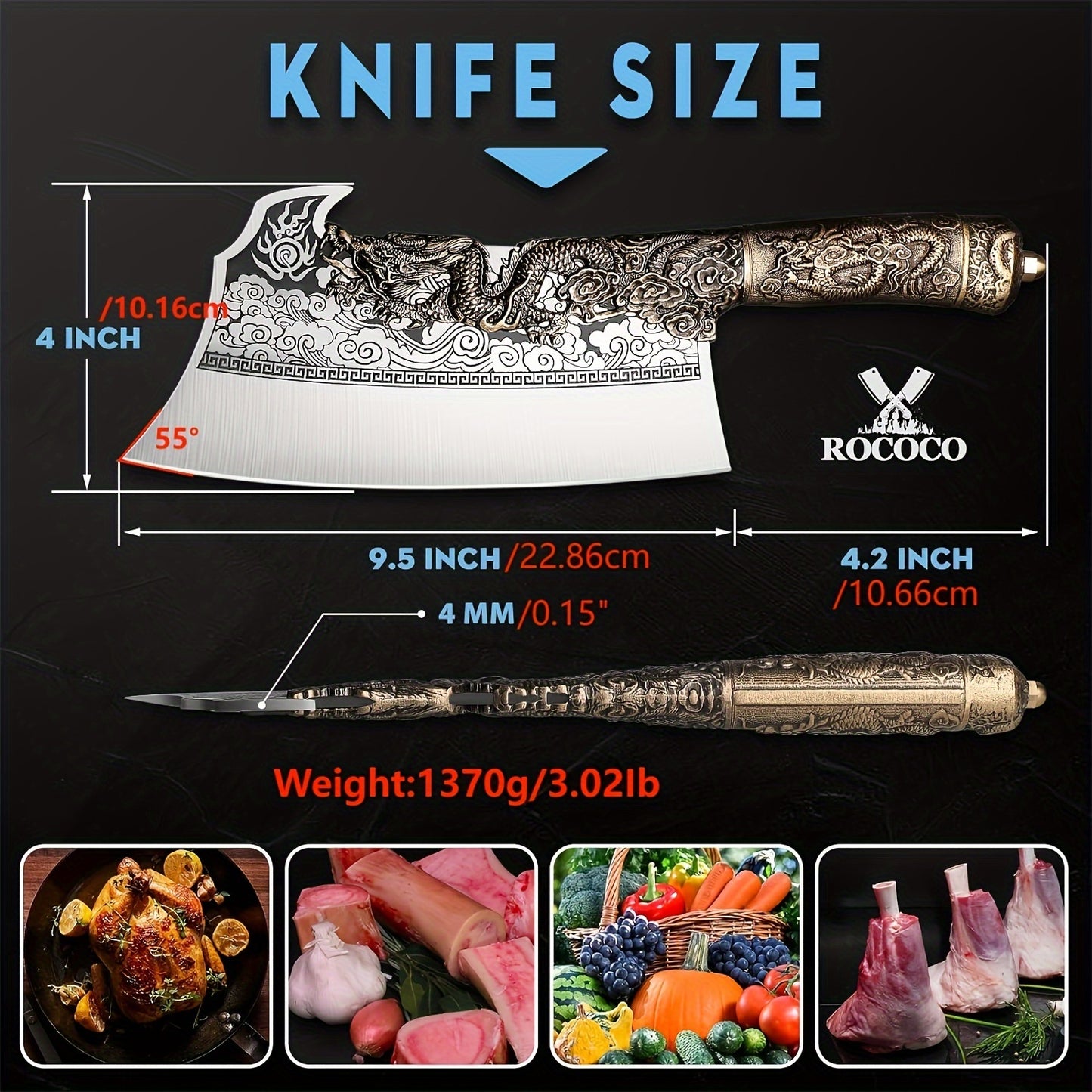 2lb Heavy Duty Dragon Butcher Knife - Chinese Chef's Cleaver for Meat Bone Cutting, 9.5" Big Viking Camping Chopper with Sheath, Perfect Birthday Father Mother Christmas Gift Idea for Men