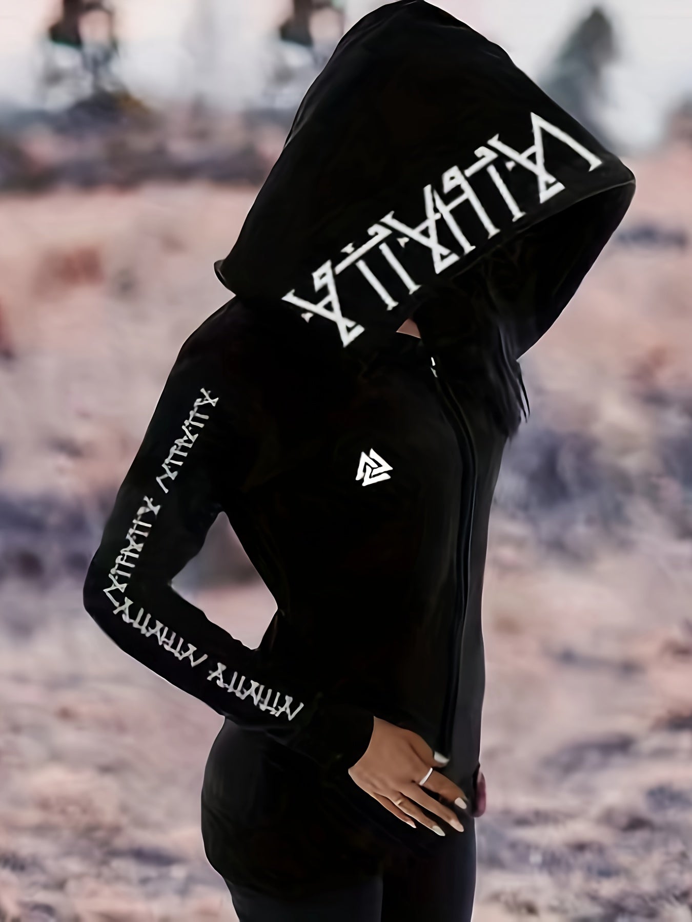 Viking Pattern Vintage Gothic Style Hoodie, Casual Zipper Long Sleeve Drawstring Hoodies Sweatshirt, Women's Clothing